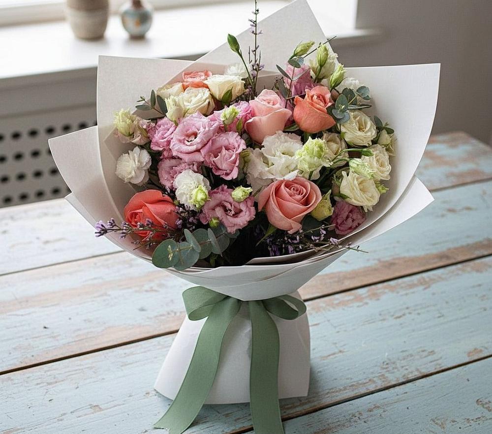 Букет цветов из: Розы, Лизиантусы и Гвоздики в Баксане